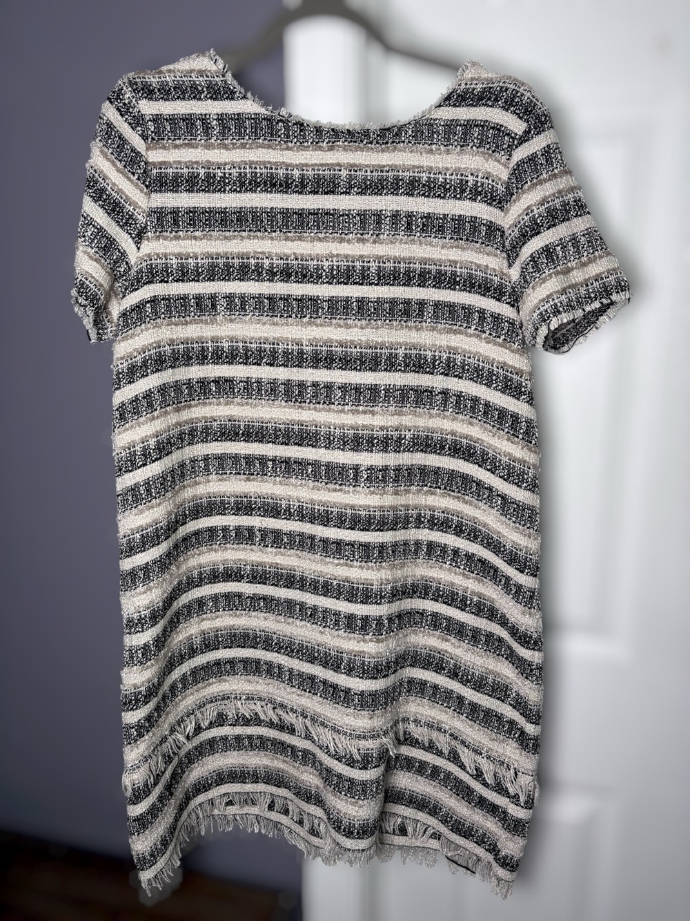 Zara Black & White Tweed Short Sleeve Mini Dress V Back Size Large